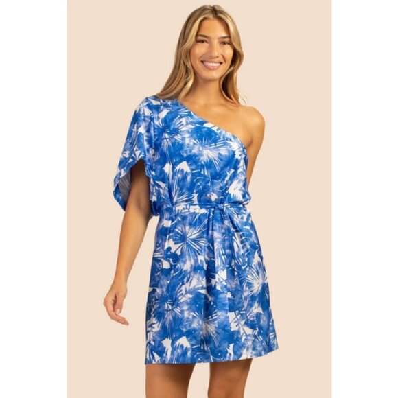 💕TRINA TURK💕 Basque Dress One Shoulder Swim Cover Up Sapphire Blue Print S NWT - Picture 5 of 16
